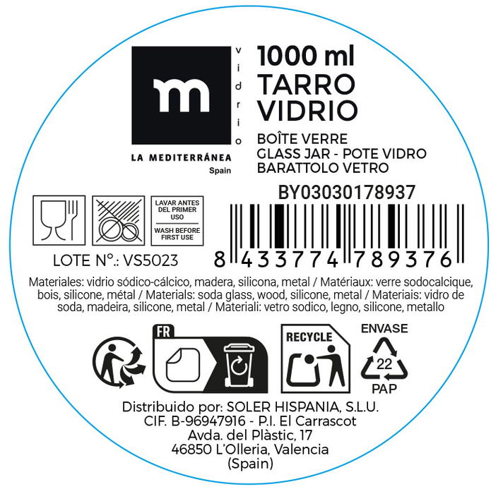 La Mediterranea Tarro de Vidrio con Tapa de Acacia, 1000 ml, 11,5 cm Ancho x 11,7 cm Largo x 14,9 cm Alto (24 Unidades) La Mediterranea Tarro de Vidrio con Tapa de Acacia, 1000 ml, 11,5 cm Ancho x 11,7 cm Largo x 14,9 cm Alto (24 Unidades)