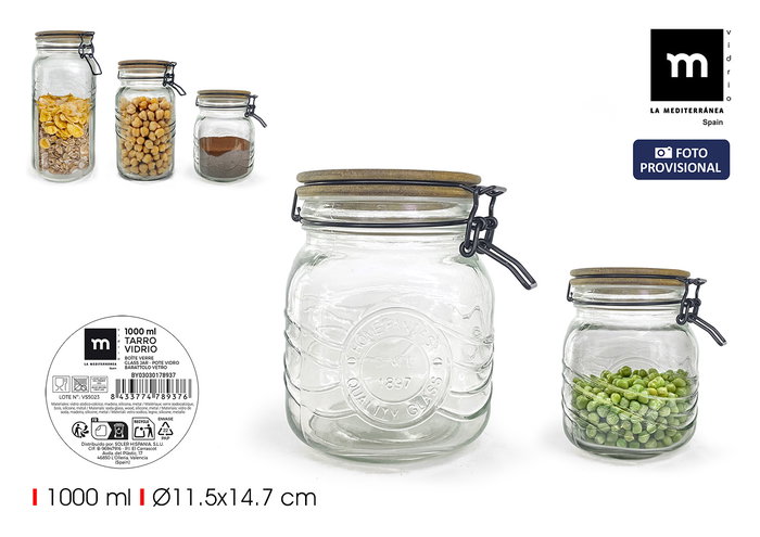 La Mediterranea Tarro de Vidrio con Tapa de Acacia, 1000 ml, 11,5 cm Ancho x 11,7 cm Largo x 14,9 cm Alto (24 Unidades) La Mediterranea Tarro de Vidrio con Tapa de Acacia, 1000 ml, 11,5 cm Ancho x 11,7 cm Largo x 14,9 cm Alto (24 Unidades)