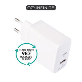 eSTUFF INFINITE Cargador USB-C PD 20W + USB-A 12W, Enchufe EU, Blanco - 98% Plástico Reciclado