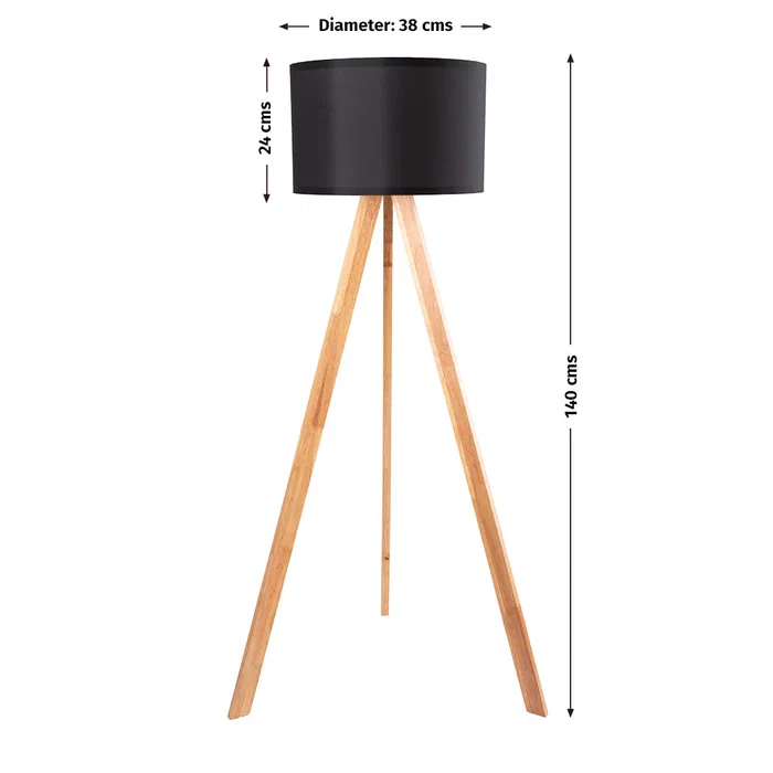 Lámpara de suelo trípode de madera con tulipa de tela cilíndrica y casquillo E27, diseño elegante para estilo nórdico, natural o rústico [OPV-780SGN2422]
