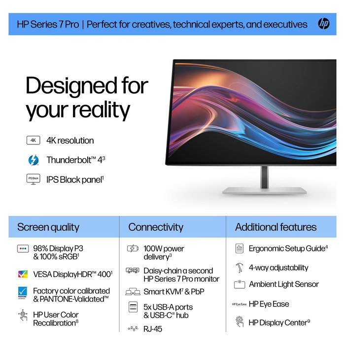 HP Monitor 727pk 27" IPS Black 4K Ultra HD 3840x2160 Thunderbolt 4 DisplayHDR 400 400cd/m2 100W USB-C