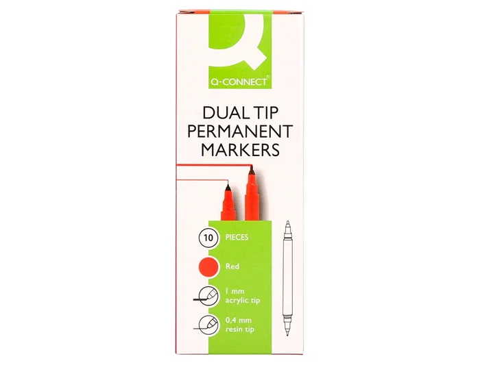 Q-connect Rotulador Marcador Permanente Doble Punta Color Rojo Trazo 0,4 mm y 1 mm Tinta Secado Instantáneo