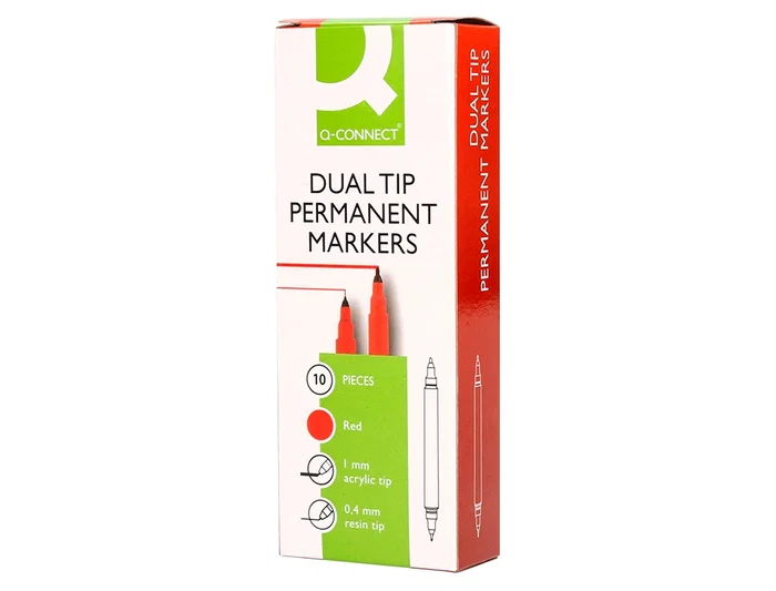 Q-connect Rotulador Marcador Permanente Doble Punta Color Rojo Trazo 0,4 mm y 1 mm Tinta Secado Instantáneo