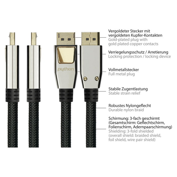 PYTHON Series Cable DisplayPort 1.2 de 10m 4K2K UHD chapado en oro negro PYTHON Series Cable DisplayPort 1.2 de 10m 4K2K UHD chapado en oro negro