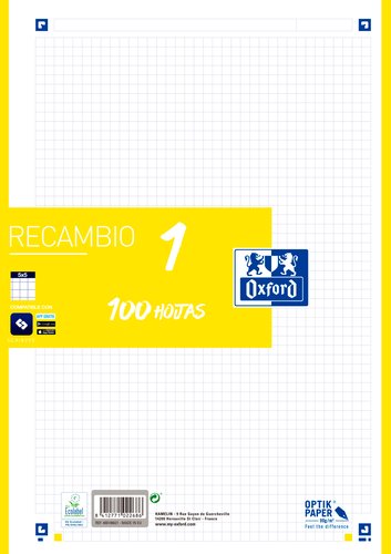 OXFORD Recambio School Color 1 A4 100h 90gr 4 Taladros Cuadric. 5x5 Lima (1 color en banda) SKU: B1G5MTC25C OXFORD Recambio School Color 1 A4 100h 90gr 4 Taladros Cuadric. 5x5 Lima (1 color en banda) SKU: B1G5MTC25C