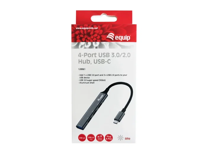 Equip Hub USB-C 128961 - 4 Puertos (1x USB 3.0, 3x USB 2.0) 5000 Mbit/s, Carcasa Aluminio Negro/Gris, Plug & Play