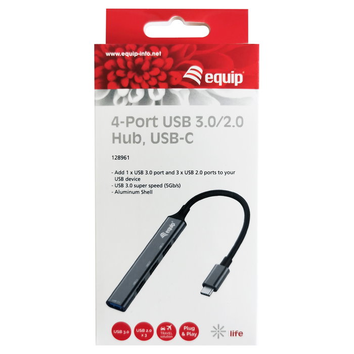 Equip Hub USB Tipo C con 1 Puerto USB 3.0 y 3 Puertos USB 2.0, Aluminio