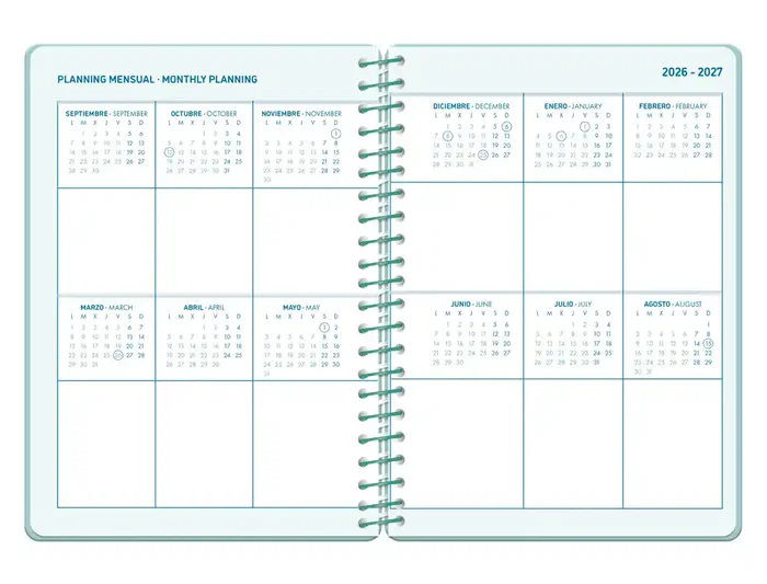 Liderpapel Agenda Escolar 2026-2027 Basic, 2 Días Página, A5, Bilingüe (Español/Inglés), Espiral, Tapa de Polipropileno, Color Morado