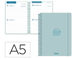 Liderpapel Agenda Escolar 2026-2027 Basic, 2 Días Página, A5, Bilingüe (Español/Inglés), Espiral, Tapa de Polipropileno, Color Morado