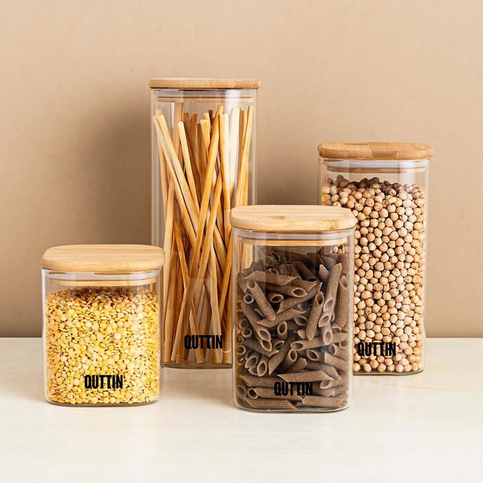 Quttin Tarro Cuadrado de Borosilicato con Tapa de Bambú 10 x 27 cm 2150ml (12 Unidades)