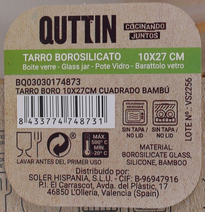Quttin Tarro Cuadrado de Borosilicato con Tapa de Bambú 10 x 27 cm 2150ml (12 Unidades)