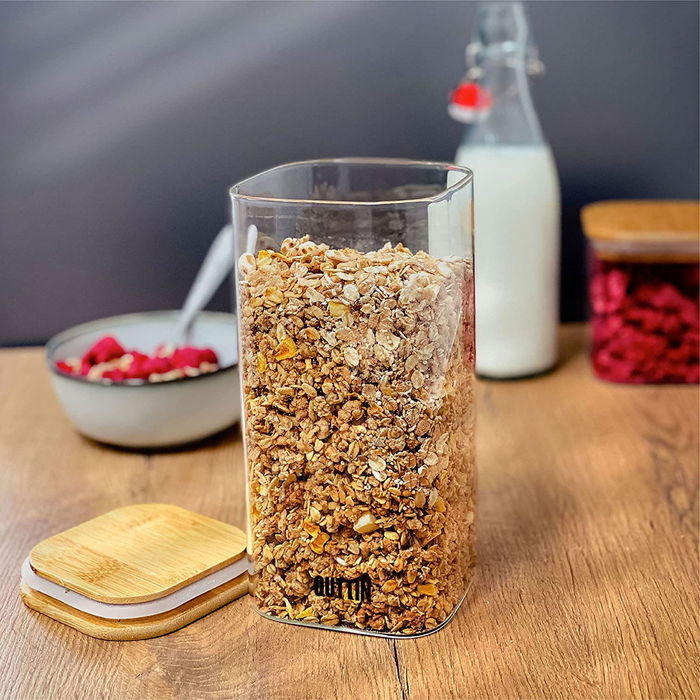 Quttin Tarro Cuadrado de Borosilicato con Tapa de Bambú 10 x 27 cm 2150ml (12 Unidades)