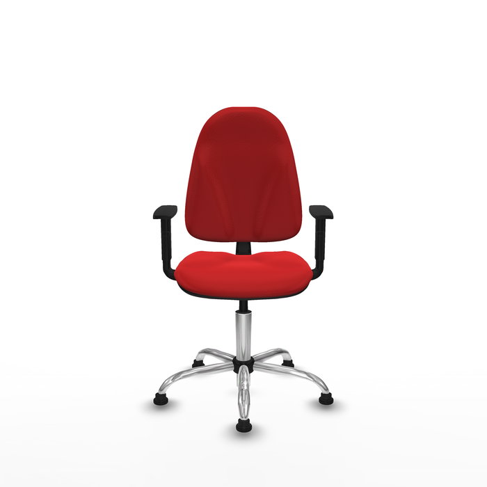 Silla de oficina Algarra con mecanismo Contacto permanente básico tapizada con Similpiel color Rojo. Equipada con Base cromada, Brazos 1Dy Topes