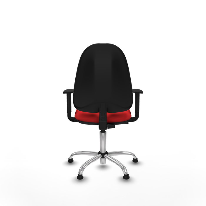 Silla de oficina Algarra con mecanismo Contacto permanente básico tapizada con Similpiel color Rojo. Equipada con Base cromada, Brazos 1Dy Topes