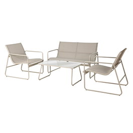Ambiance Conjunto Jardín 4 Piezas, Mesa con Tablero de Vidrio 85 x 45 x 38 cm, 2 Sillas y Banco, Tela de Poliéster con Revestimiento PVC Gris Claro y Estructura de Hierro Blanco