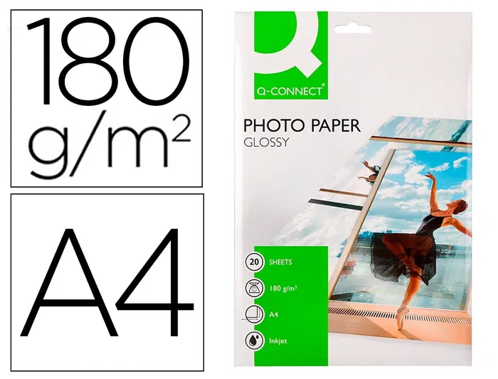 Q-connect Papel Fotográfico Glossy KF01103 DIN A4 Digital Photo para Ink-Jet, Bolsa de 20 Hojas de 180 gr Q-connect Papel Fotográfico Glossy KF01103 DIN A4 Digital Photo para Ink-Jet, Bolsa de 20 Hojas de 180 gr