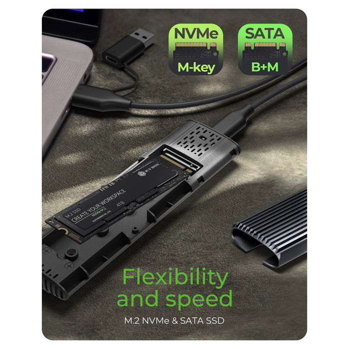 ICY BOX IB-1808MCT-CU31 Caja Externa USB 3.2 Gen 2 Tipo C para SSD M.2 NVMe y SATA, Aluminio Negro, Plug and Play