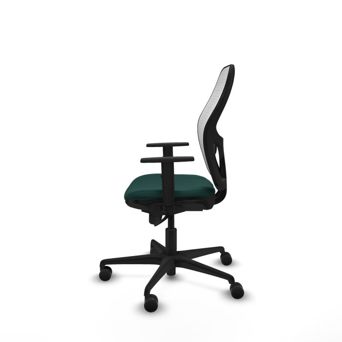 Silla de oficina Jorquera con mecanismo Sincro tapizada con Similpiel color Verde botella y malla color Blanco. Equipada con lumbar 1D, Brazos 1D y Ruedas 65mm nailon