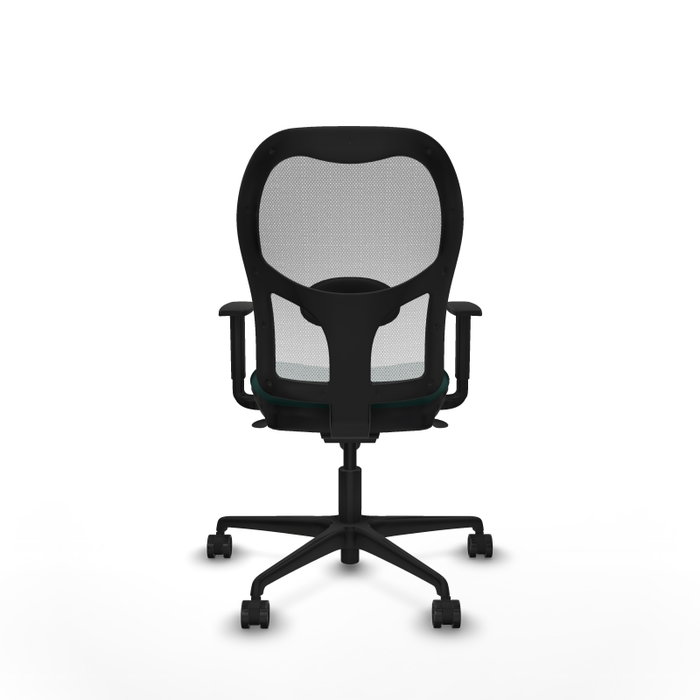 Silla de oficina Jorquera con mecanismo Sincro tapizada con Similpiel color Verde botella y malla color Blanco. Equipada con lumbar 1D, Brazos 1D y Ruedas 65mm nailon