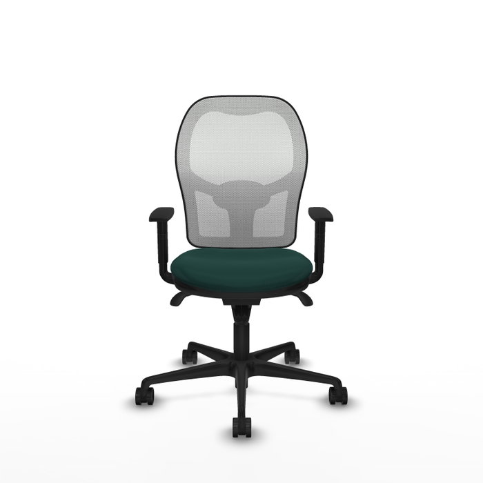 Silla de oficina Jorquera con mecanismo Sincro tapizada con Similpiel color Verde botella y malla color Blanco. Equipada con lumbar 1D, Brazos 1D y Ruedas 65mm nailon