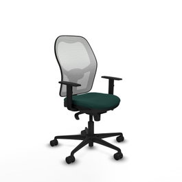 Silla de oficina Jorquera con mecanismo Sincro tapizada con Similpiel color Verde botella y malla color Blanco. Equipada con lumbar 1D, Brazos 1D y Ruedas 65mm nailon