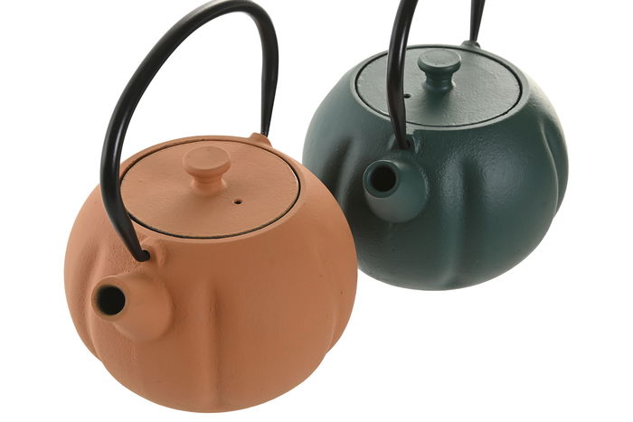 DKD Home Decor Tetera Oriental Naranja Verde Hierro Colado/Inox 12.3 x 16.5 x 14.5 cm (2 Unidades)