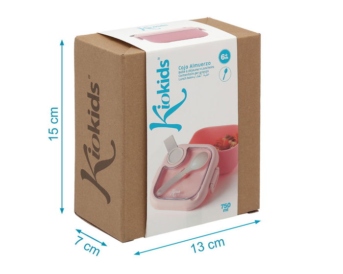 KioKids Caja Almuerzo Rosa 750ml Hermética Con Cuchara Gris Ideal para Cole y Aire Libre +4 Meses