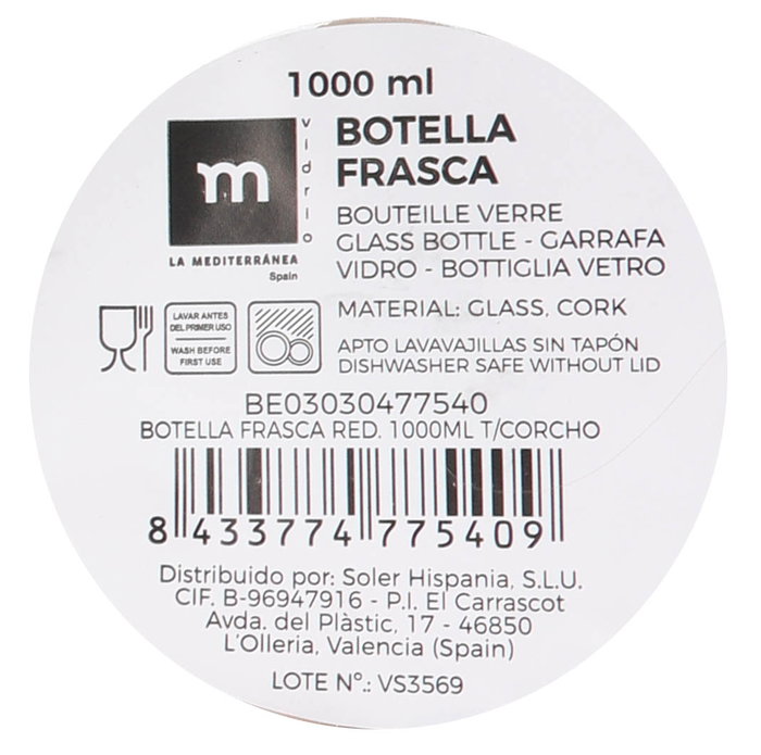 La Mediterranea Botella Frasca Red. 1000ml con Tapón de Corcho