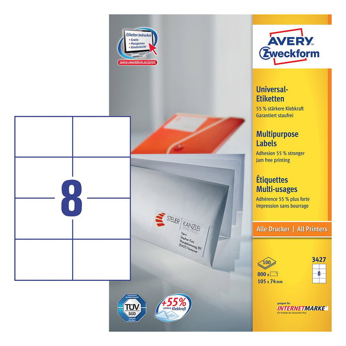 AVERY Zweckform Etiquetas 3427 Blancas 105,0 x 74,0 mm - 800 Piezas AVERY Zweckform Etiquetas 3427 Blancas 105,0 x 74,0 mm - 800 Piezas