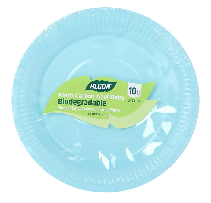 Algon Set 10 Platos Cartón Azul Baby Soja 21 cm (24 Unidades)
