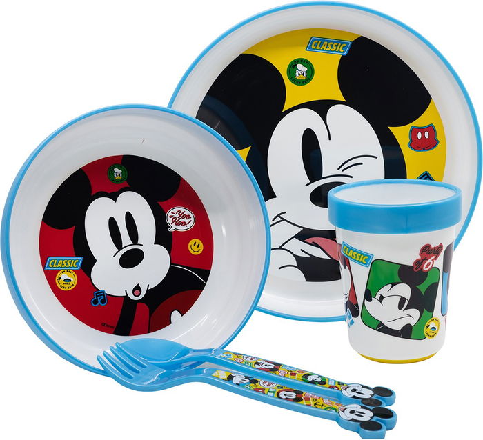 Mickey Set Premium Bicolor Antideslizante Vajilla Infantil 5 Piezas Plástico Alimentario Libre BPA CZ11306