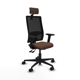 Silla de oficina Bormate con mecanismo Asincro tapizada con Tela color Marrón oscuro y malla color Negro. Equipada con lumbar 1D, Brazos 2D, Cabecero 2D y Ruedas 65mm nailon