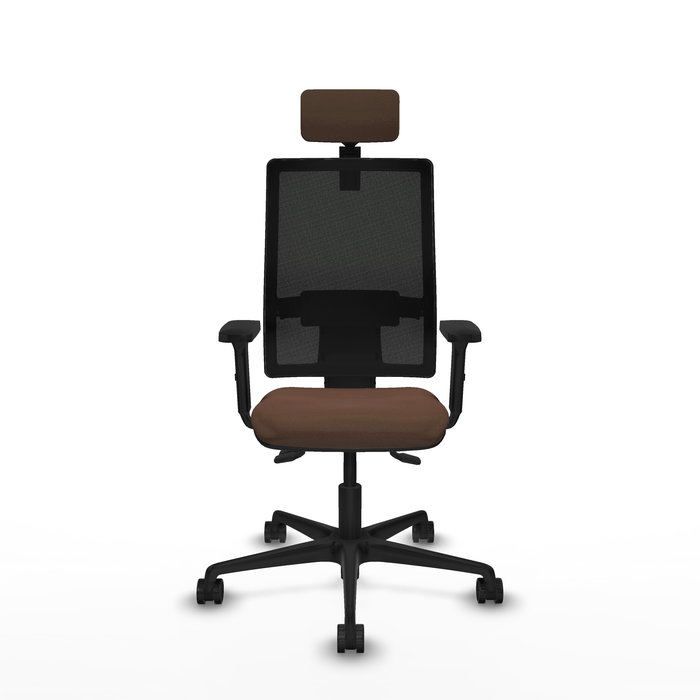 Silla de oficina Bormate con mecanismo Asincro tapizada con Tela color Marrón oscuro y malla color Negro. Equipada con lumbar 1D, Brazos 2D, Cabecero 2D y Ruedas 65mm nailon