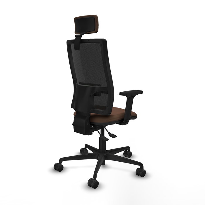 Silla de oficina Bormate con mecanismo Asincro tapizada con Tela color Marrón oscuro y malla color Negro. Equipada con lumbar 1D, Brazos 2D, Cabecero 2D y Ruedas 65mm nailon