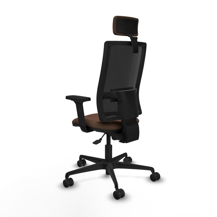 Silla de oficina Bormate con mecanismo Asincro tapizada con Tela color Marrón oscuro y malla color Negro. Equipada con lumbar 1D, Brazos 2D, Cabecero 2D y Ruedas 65mm nailon