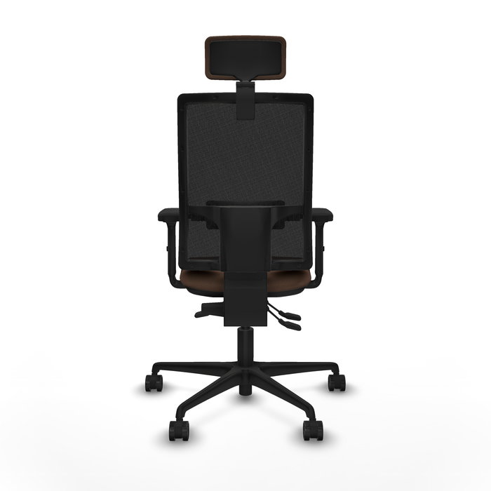 Silla de oficina Bormate con mecanismo Asincro tapizada con Tela color Marrón oscuro y malla color Negro. Equipada con lumbar 1D, Brazos 2D, Cabecero 2D y Ruedas 65mm nailon
