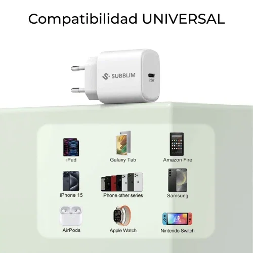 Subblim Cargador USB-C GaN 20W PD Pared/Viaje Blanco Subblim Cargador USB-C GaN 20W PD Pared/Viaje Blanco