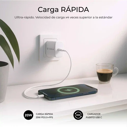 Subblim Cargador USB-C GaN 20W PD Pared/Viaje Blanco Subblim Cargador USB-C GaN 20W PD Pared/Viaje Blanco