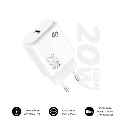 Subblim Cargador USB-C GaN 20W PD Pared/Viaje Blanco Subblim Cargador USB-C GaN 20W PD Pared/Viaje Blanco