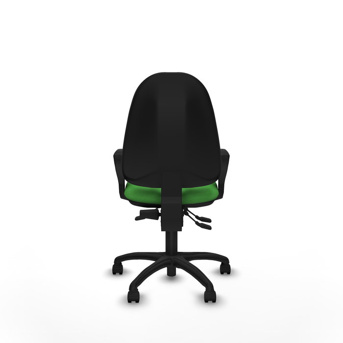 Silla de oficina Algarra con mecanismo Asincro tapizada con Tela color Verde. Equipada con Base poliamida negra, Brazos fijos y Ruedas de nailon 50 mm