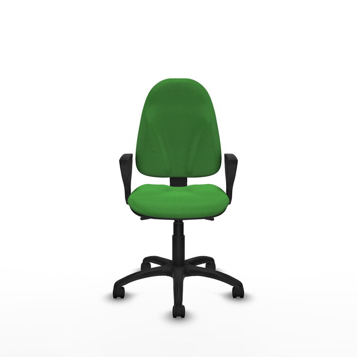 Silla de oficina Algarra con mecanismo Asincro tapizada con Tela color Verde. Equipada con Base poliamida negra, Brazos fijos y Ruedas de nailon 50 mm