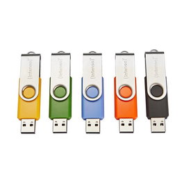 Intenso Basic Line 64GB USB 2.0 Stick, Pack de 5 Unidades, Colores Variados (Negro, Azul, Verde, Naranja, Amarillo), Velocidad de Lectura 28 MB/s