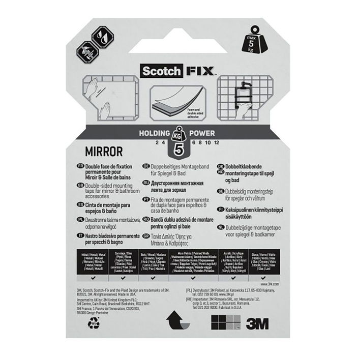 Scotch Cinta Doble Cara Montaje Espejos Máx 5 kg 19mm x 1,5m