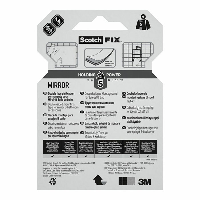 Scotch Cinta de doble cara para montaje de espejos 19 mm x 1,5 m máx 5 kg