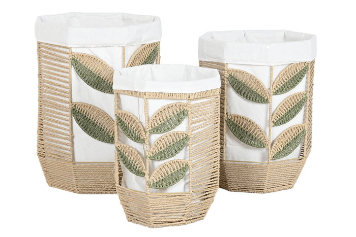 DKD Home Decor Cesta Tropical Verde Natural Fibra Poliester Set de 3 Piezas 41 x 51 x 41 cm