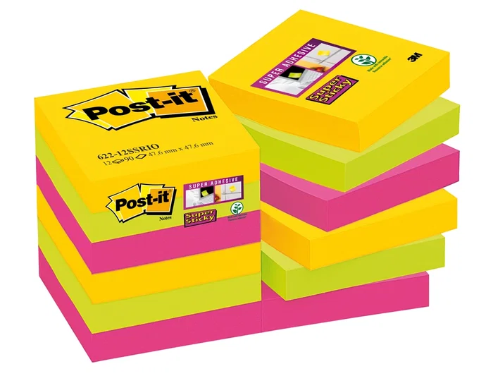 Post-it Bloc de Notas Adhesivas Super Sticky 47,6x47,6 mm con 90 Hojas, Pack de 12 Blocs, Colores Surtidos