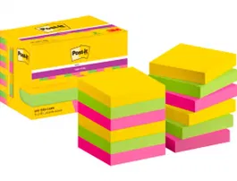 Post-it Bloc de Notas Adhesivas Super Sticky 47,6x47,6 mm con 90 Hojas, Pack de 12 Blocs, Colores Surtidos