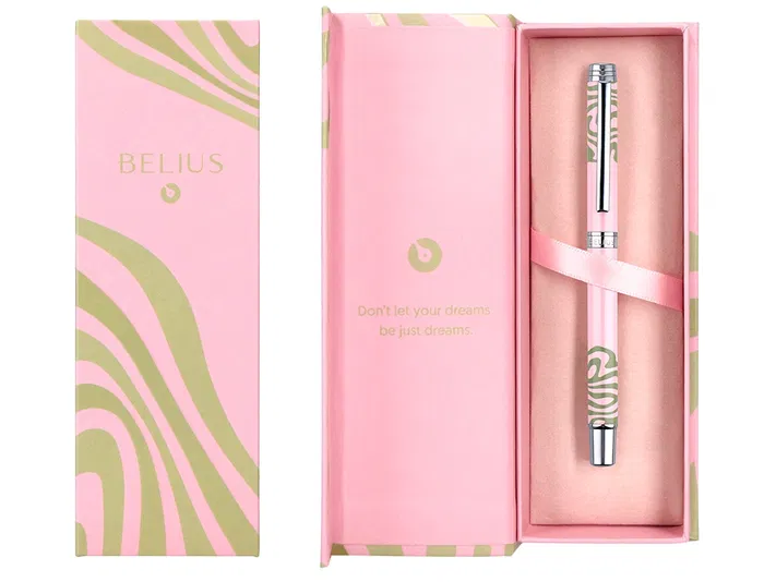 Belius Ink Dreams Roller Aluminio Rosa y Verde Matcha Tinta Negra Caja Diseño