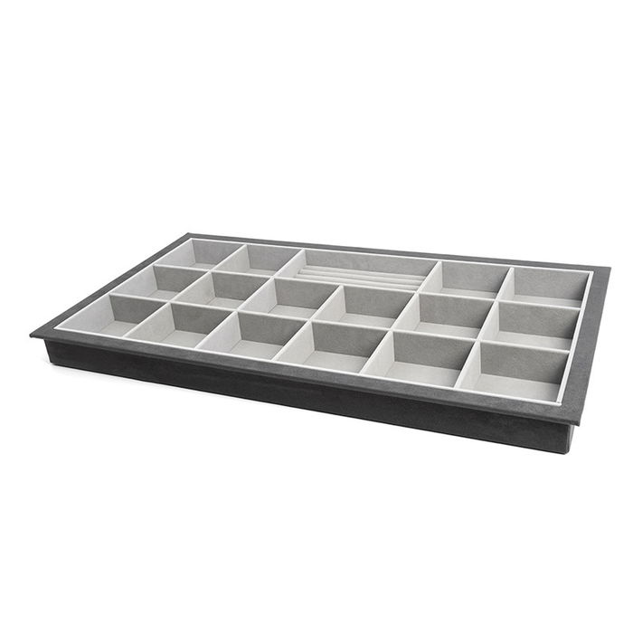 HERRAJES ALK Bandeja Joyero Pequeña ÓPTIMA para Encajar en Bastidor Modulo 900, 14 Huecos, Terciopelo Grafito/Gris