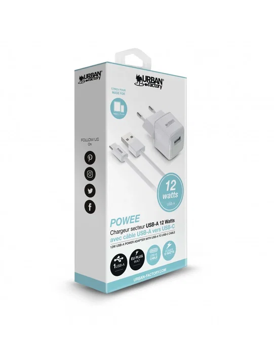 Urban Factory PSC25UF Cargador de Pared USB-C 12W (2.4A) con Cable de 1 m Blanco para Carga Rápida de Dispositivos Móviles